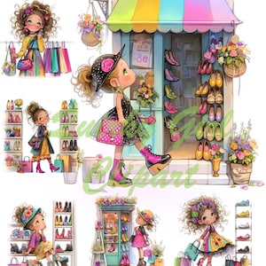 Clipart de garota peculiar, Clipart de garota fofa, Clipart de garota elegante, Clipart peculiar e caprichoso, Clipart peculiar em aquarela, Clipart de compras,