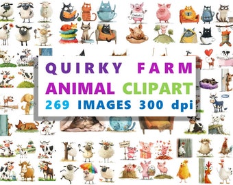 Funny Farm Animal Clipart Bundle: Watercolor Style (Digital Download)