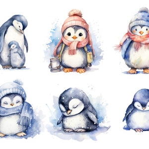 Imágenes prediseñadas de pingüinos, imágenes prediseñadas de pingüinos de acuarela, pingüinos PNG para uso comercial, descarga digital de pingüinos lindos