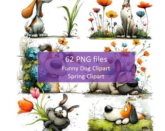 Clipart di cani divertenti ad acquerello - 62 disegni primaverili PNG (download digitale)