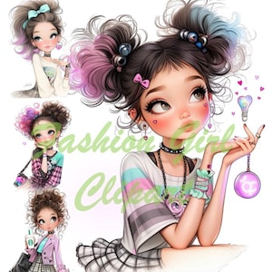 Eigenzinnige meisje clipart, schattig meisje clipart, eigenzinnige grillige clipart, eigenzinnige clipart aquarel, mode meisje clipart, Y2K modieus meisje