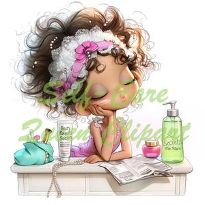 Peut inclure: Illustration num&eacute;rique d'une jeune fille de dessin anim&eacute;, le menton pos&eacute; sur la main, entour&eacute;e de produits de beaut&eacute;. Un sac de maquillage turquoise, un tube de cr&egrave;me "Beauty Secrets", un pot de cr&egrave;me rose et une bouteille verte "Secrets of the Stars" sont sur une surface blanche.