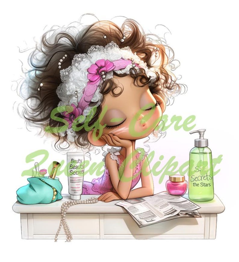 Peut inclure: Illustration num&eacute;rique d'une jeune fille de dessin anim&eacute;, le menton pos&eacute; sur la main, entour&eacute;e de produits de beaut&eacute;. Un sac de maquillage turquoise, un tube de cr&egrave;me "Beauty Secrets", un pot de cr&egrave;me rose et une bouteille verte "Secrets of the Stars" sont sur une surface blanche.