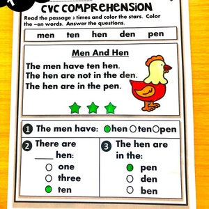 May include: A worksheet for kindergarten and first grade students to practice reading comprehension. The worksheet features a short story about men and hens, with questions to answer about the story. The worksheet includes a picture of a red hen.