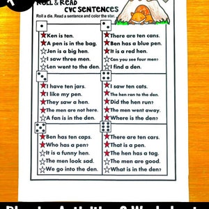 Phonics Worksheets CVC Short Vowels - Roll & Read Sentences (Kindergarten/First Grade)