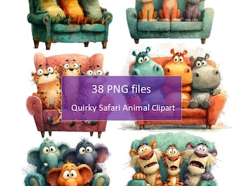 Safari Animal Watercolor Clipart Bundle: 38 Funny PNG Images (Digital Download)