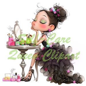 Peut inclure: Illustration d'une fille de dessin anim&eacute; en robe noire &agrave; jupe &agrave; volants, assise &agrave; une coiffeuse. La table contient du maquillage et un miroir. La fille ferme les yeux et envoie un baiser. L'image contient le texte "Zoe Care Clipart".