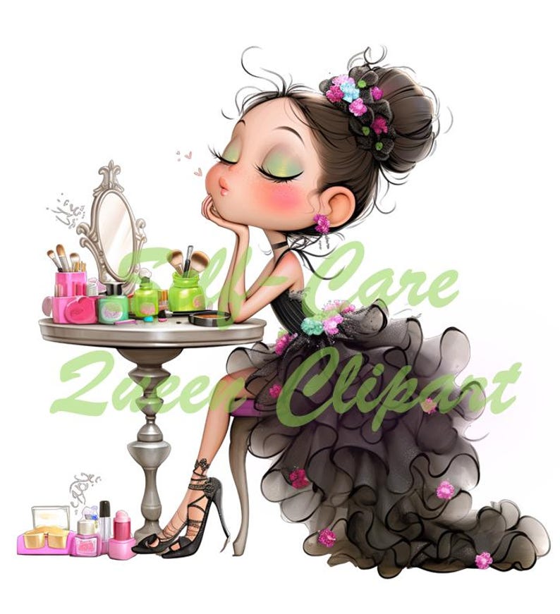 Peut inclure: Illustration d'une fille de dessin anim&eacute; en robe noire &agrave; jupe &agrave; volants, assise &agrave; une coiffeuse. La table contient du maquillage et un miroir. La fille ferme les yeux et envoie un baiser. L'image contient le texte "Zoe Care Clipart".