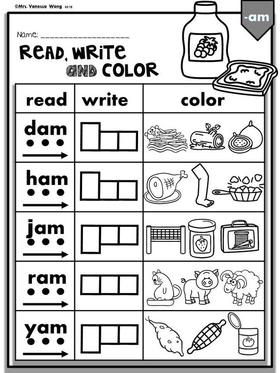 phonics worksheets cvc short vowels read write color for etsy