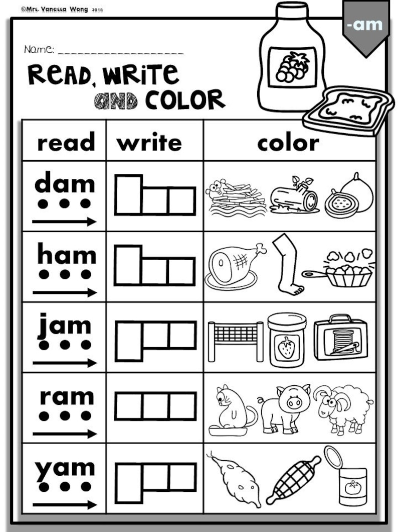 Phonics Worksheets Cvc Short Vowels Read Write And Color For Etsy