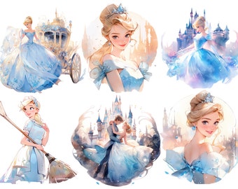 Clipart Cendrillon aquarelle : princesse, château, calèche (téléchargement numérique PNG)
