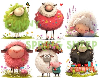 May include: Six cartoon sheep with different coloured fur, each with a unique expression and activity. One sheep is green and holding a butterfly, another is red with flowers, one is white and sleeping, one is pink and holding a flower, one is white with a flower crown and umbrella, and one is black with a picnic basket.