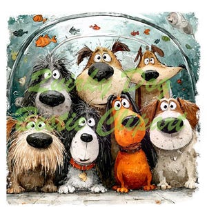 May include: Watercolor illustration featuring a group of cartoon dogs peering into a fish tank. The dogs have various fur colors, including brown, black, and orange. The fish tank is filled with colorful fish and bubbles.