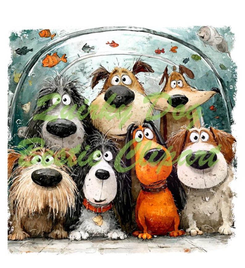 May include: Watercolor illustration featuring a group of cartoon dogs peering into a fish tank. The dogs have various fur colors, including brown, black, and orange. The fish tank is filled with colorful fish and bubbles.