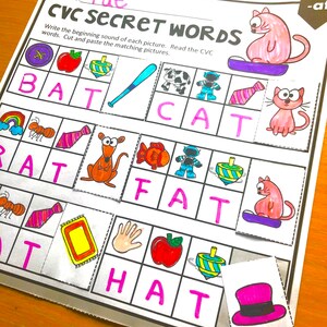 May include: A worksheet for learning CVC words. The worksheet has pictures of a bat, cat, hat, fat, and a tie. The student needs to cut out the pictures and paste them next to the correct CVC word.