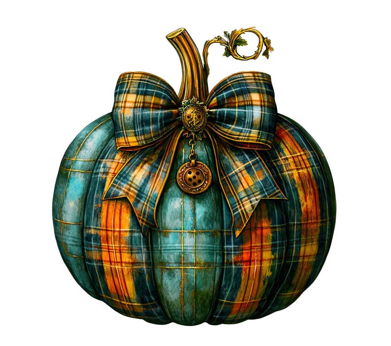 Puede incluir: Una calabaza azul y naranja a cuadros con un lazo dorado y un amuleto de metal decorativo. La calabaza es una decoraci&oacute;n de oto&ntilde;o.