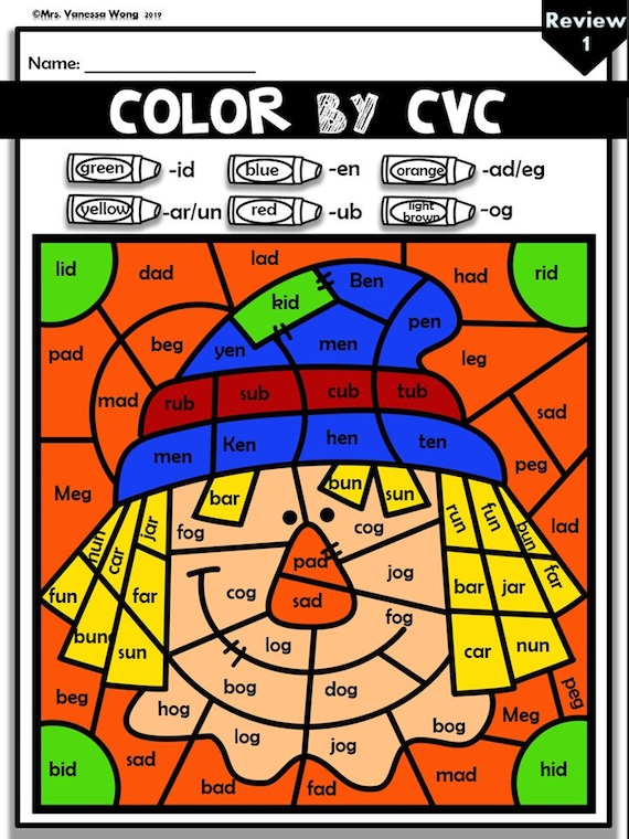 phonics worksheets cvc color by code fall theme etsy