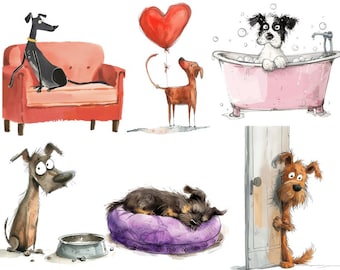 Funny Dog Watercolor Clipart Bundle: Quirky PNG Images (Digital Download)