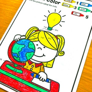 Folhas de exercícios de matemática para o jardim de infância. Adição: colorir por código.