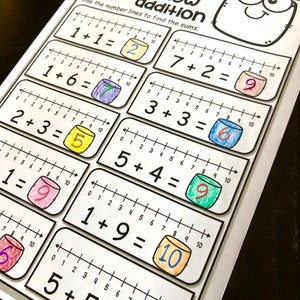 Puede incluir: Una hoja de trabajo imprimible para que los ni&ntilde;os practiquen la suma usando l&iacute;neas num&eacute;ricas. La hoja de trabajo presenta un personaje de malvavisco de dibujos animados y las palabras "Pam marshmallow addition". Cada problema tiene una l&iacute;nea num&eacute;rica y un malvavisco con la respuesta escrita dentro.