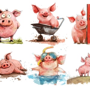 Lot de cliparts drôle de cochon | Lot de cliparts cochon original | Clipart animal de ferme idiot png | Utilisation commerciale | Clipart original aquarelle