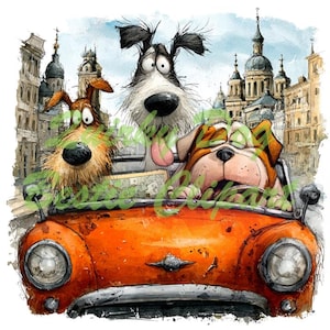 May include: Watercolor illustration of three cartoon dogs in an orange convertible. The dogs have exaggerated features and expressions, with a cityscape in the background. The car has a classic design, and the overall style is whimsical.