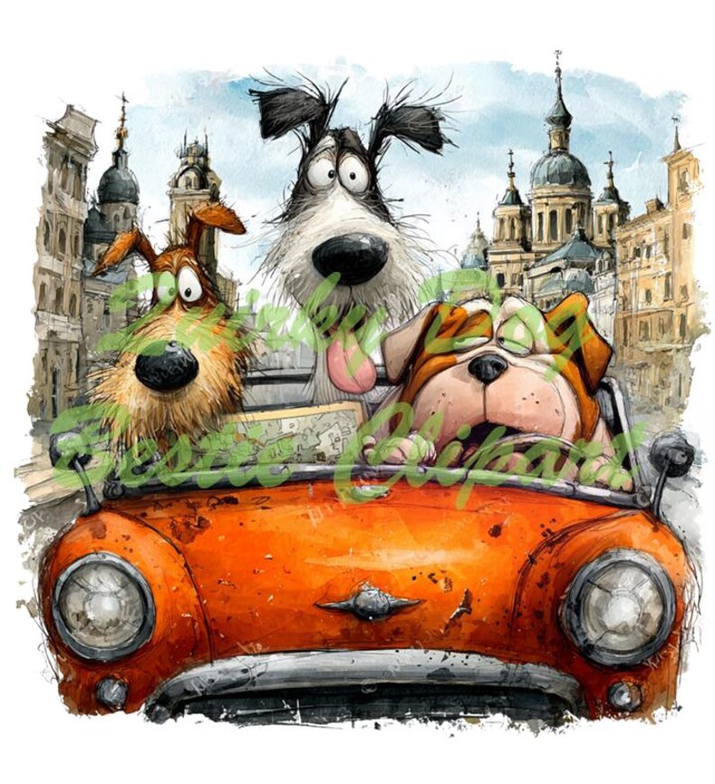 May include: Watercolor illustration of three cartoon dogs in an orange convertible. The dogs have exaggerated features and expressions, with a cityscape in the background. The car has a classic design, and the overall style is whimsical.