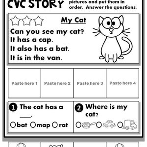 Puede incluir: Hoja de trabajo en blanco y negro para una historia CVC sobre un gato. La hoja de trabajo incluye una historia sobre un gato con un gorro y un bate, y una pregunta sobre dónde está el gato. Hay tres imágenes para recortar y pegar en el orden correcto: un gato con un gorro, un gato con un bate y una camioneta.