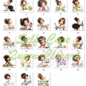 Peut inclure: Une collection de 23 illustrations &agrave; l'aquarelle repr&eacute;sentant une jeune fille de dessin anim&eacute; pratiquant diverses activit&eacute;s de soins personnels. Les images montrent la fille dans diff&eacute;rents contextes, comme prendre un bain, se maquiller et se d&eacute;tendre. Le texte "Self Care Queen Clipart" est visible.