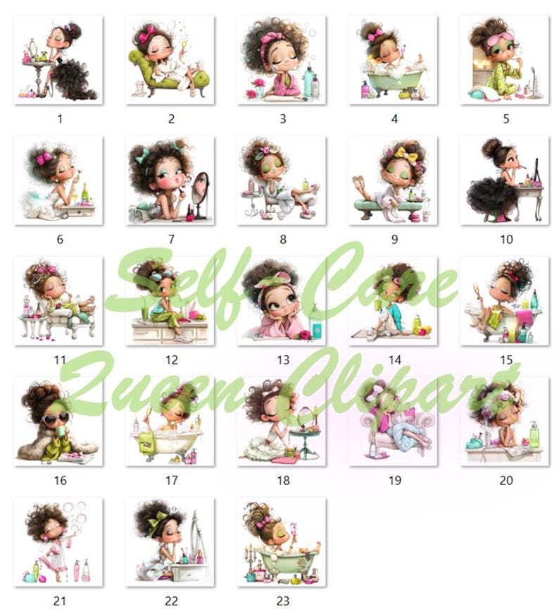 Peut inclure: Une collection de 23 illustrations &agrave; l'aquarelle repr&eacute;sentant une jeune fille de dessin anim&eacute; pratiquant diverses activit&eacute;s de soins personnels. Les images montrent la fille dans diff&eacute;rents contextes, comme prendre un bain, se maquiller et se d&eacute;tendre. Le texte "Self Care Queen Clipart" est visible.