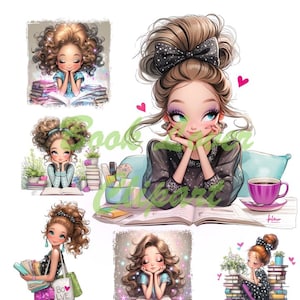 Clipart fille originale, jolie fille des cliparts, clipart amateur de livres, clipart fantaisiste original, aquarelle des cliparts original, livre d'amour