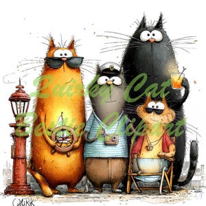 Op de afbeelding: Een grillige illustratie met vier antropomorfe katten. Een oranje kat draagt een zonnebril en houdt een scheepsstuur vast. Een grijze kat draagt een matrozenpet en een gestreept shirt. Een zwarte kat houdt een drankje vast en een oranje kat zit in een strandstoel.