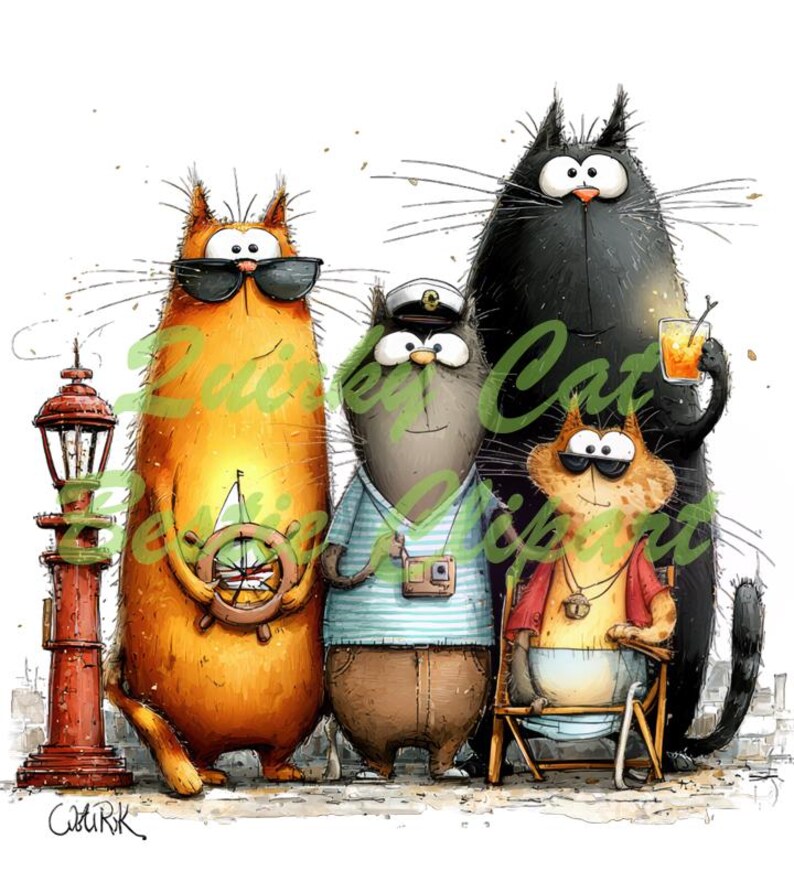 Op de afbeelding: Een grillige illustratie met vier antropomorfe katten. Een oranje kat draagt een zonnebril en houdt een scheepsstuur vast. Een grijze kat draagt een matrozenpet en een gestreept shirt. Een zwarte kat houdt een drankje vast en een oranje kat zit in een strandstoel.