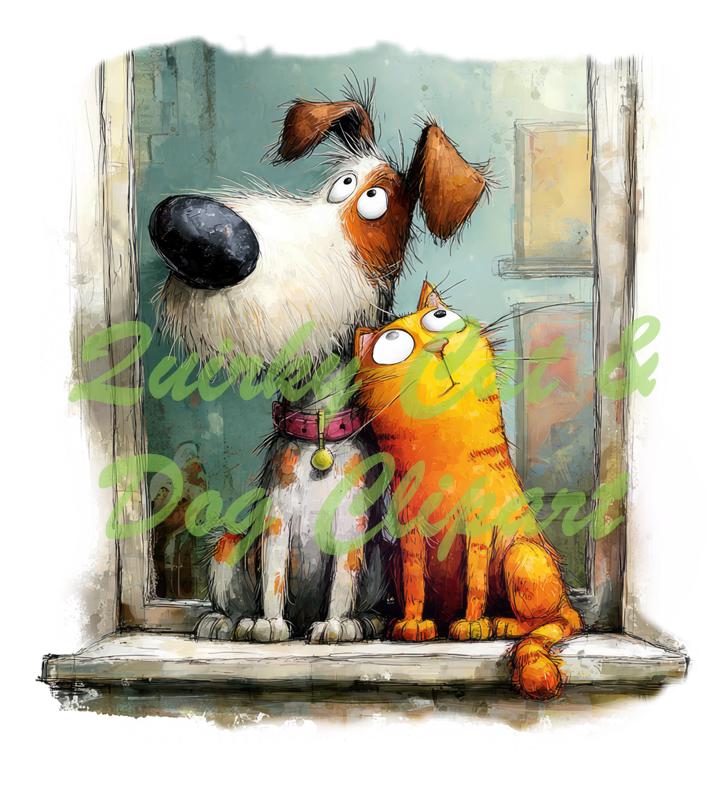 Quirky Clipart Bundle: Watercolor Style, Funny Cat and Dog PNG Images ...