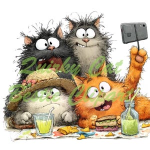 Op de afbeelding: Een vrolijke illustratie van vier cartoonkatten die picknicken. Een oranje kat maakt een selfie, terwijl een andere een strohoed draagt en drinkt. De afbeelding bevat sandwiches, drankjes en de tekst "ZwinKy Cat".