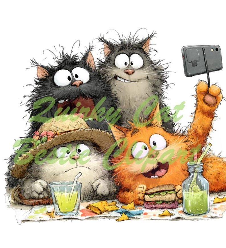 Op de afbeelding: Een vrolijke illustratie van vier cartoonkatten die picknicken. Een oranje kat maakt een selfie, terwijl een andere een strohoed draagt en drinkt. De afbeelding bevat sandwiches, drankjes en de tekst "ZwinKy Cat".