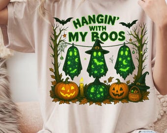 Fantasma de Halloween divertido PNG: Diseño de camiseta "Pasando tiempo con mis amigos" (Descarga digital)