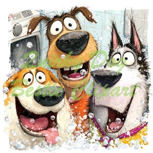 May include: A whimsical illustration of three cartoon dogs in a bubbly bath. The dogs, with exaggerated features, are a mix of brown, white, and black. They appear to be enjoying themselves, with wide smiles and open mouths, surrounded by soap bubbles.