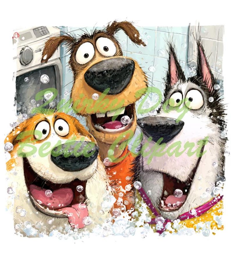 May include: A whimsical illustration of three cartoon dogs in a bubbly bath. The dogs, with exaggerated features, are a mix of brown, white, and black. They appear to be enjoying themselves, with wide smiles and open mouths, surrounded by soap bubbles.