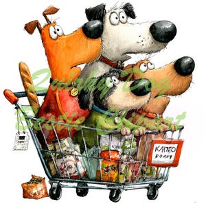 May include: A whimsical illustration depicts four cartoon dogs in a shopping cart filled with groceries. The dogs, in shades of orange, white, brown, and green, have expressive eyes. A loaf of bread and various packaged goods are visible. A sign in the cart reads "Kлaдo poдu".