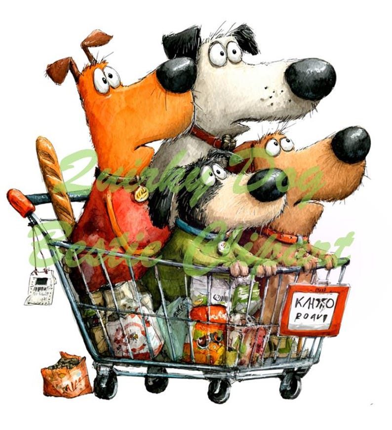 May include: A whimsical illustration depicts four cartoon dogs in a shopping cart filled with groceries. The dogs, in shades of orange, white, brown, and green, have expressive eyes. A loaf of bread and various packaged goods are visible. A sign in the cart reads "Kлaдo poдu".