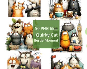 Quirky Clipart Bundle: Watercolor Style, Funny Cat PNG Images (Digital Download)
