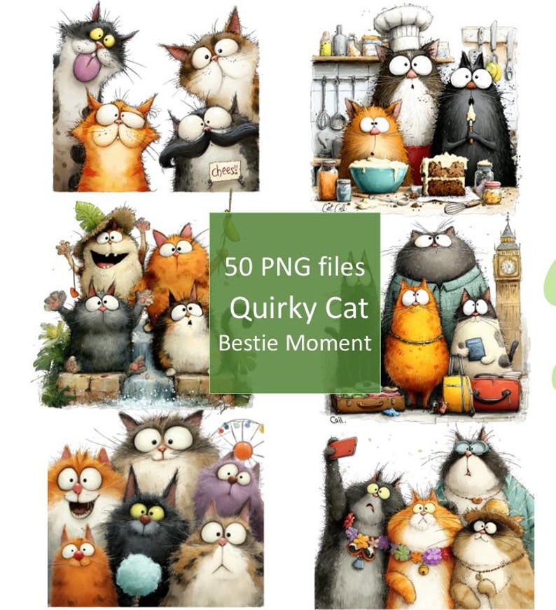 Op de afbeelding: Een digitale kunstafbeelding met verschillende grillige kattenillustraties. De katten worden afgebeeld in verschillende poses en omgevingen, met levendige kleuren en expressieve gezichten. De tekst "50 PNG-bestanden Quirky Cat Bestie Moment" is ook opgenomen.