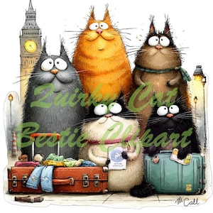 Op de afbeelding: Een grillige illustratie van vijf cartoonkatten voor de Big Ben. De katten, in tinten grijs, oranje, bruin, zwart en wit, zijn klaar om te reizen met bagage. De tekst op de afbeelding luidt "Zuirky Cat Bestie Heart".