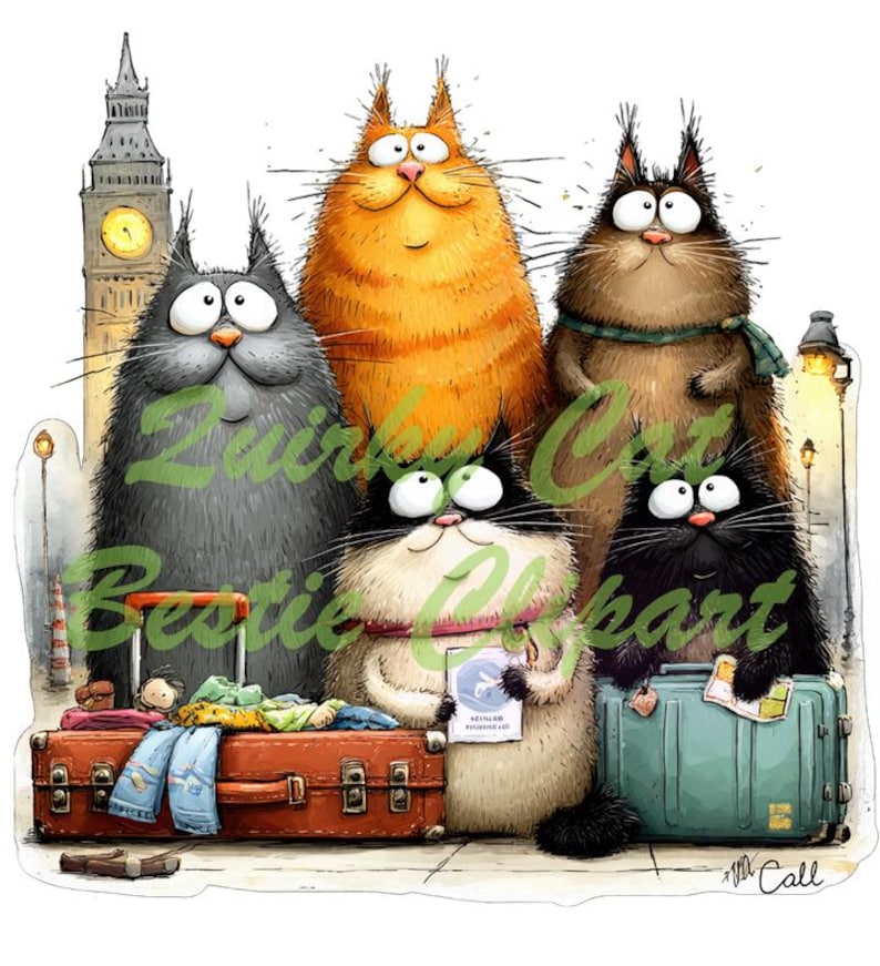 Op de afbeelding: Een grillige illustratie van vijf cartoonkatten voor de Big Ben. De katten, in tinten grijs, oranje, bruin, zwart en wit, zijn klaar om te reizen met bagage. De tekst op de afbeelding luidt "Zuirky Cat Bestie Heart".