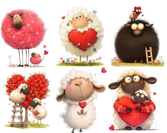 Funny Valentine Sheep Clipart Bundle: Love PNG Graphics (Commercial Use)