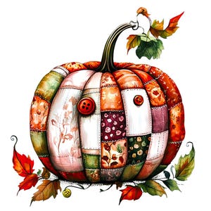 Puede incluir: Una calabaza de patchwork con hojas de oto&ntilde;o. La calabaza est&aacute; hecha de cuadrados de tela de diferentes colores y tiene dos botones rojos.