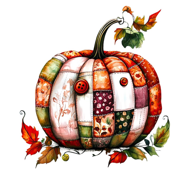Puede incluir: Una calabaza de patchwork con hojas de oto&ntilde;o. La calabaza est&aacute; hecha de cuadrados de tela de diferentes colores y tiene dos botones rojos.