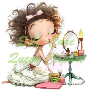 Peut inclure: Illustration de dessin anim&eacute; d'une fille appliquant du maquillage &agrave; une coiffeuse. Elle porte une robe blanche avec un n&oelig;ud rose et a les cheveux bruns boucl&eacute;s. La coiffeuse est verte avec un miroir, des bougies et des produits de beaut&eacute;.