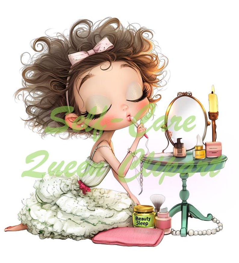 Peut inclure: Illustration de dessin anim&eacute; d'une fille appliquant du maquillage &agrave; une coiffeuse. Elle porte une robe blanche avec un n&oelig;ud rose et a les cheveux bruns boucl&eacute;s. La coiffeuse est verte avec un miroir, des bougies et des produits de beaut&eacute;.